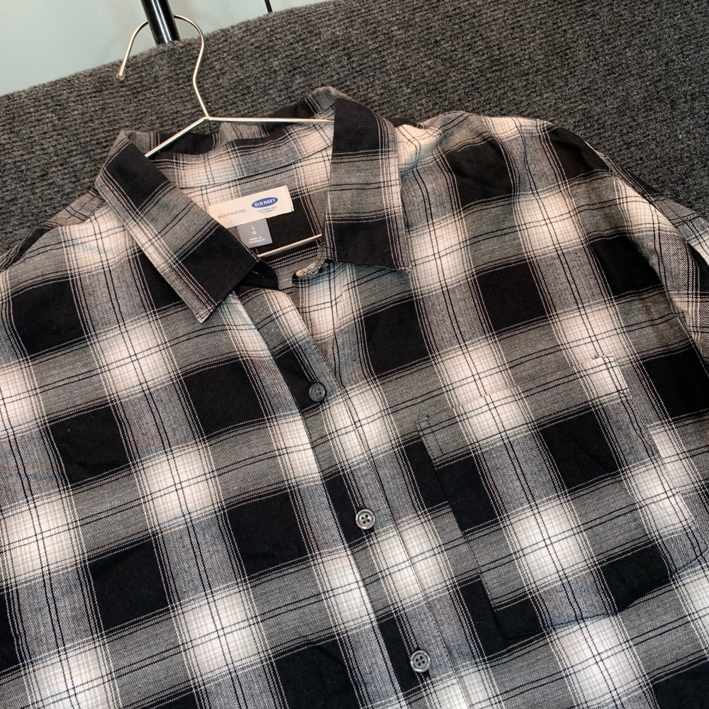 Old Navy Boyfriend Flannel Shirt Women L Black White Plaid Grunge Oversized 90s
